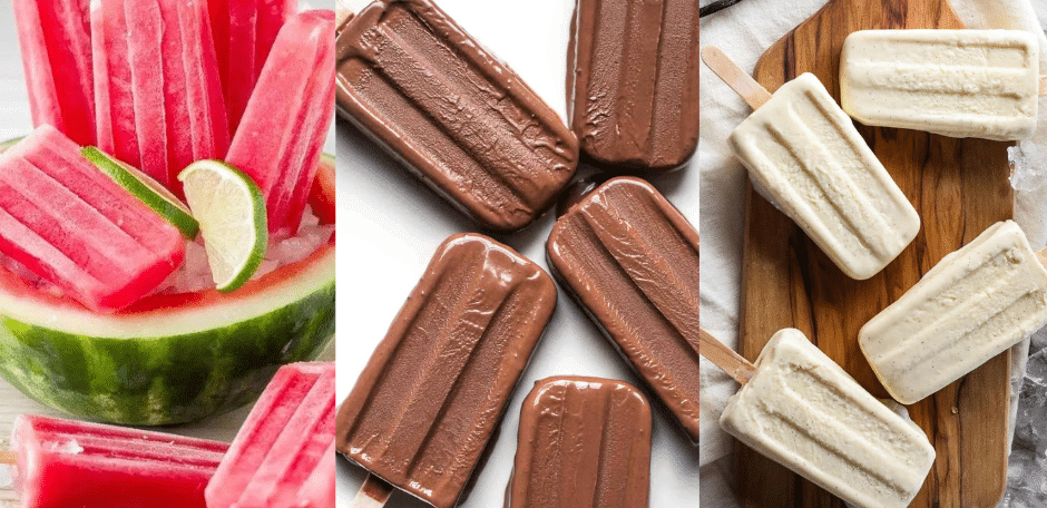 Three side by side images of different flavors or paletas, a Mexican style frozen dessert.